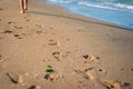 Child is jumping on the beach. Sand and sea in Bulgaria Royalty Free Stock Photo