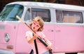 Child jumping, excited little rock guitarist with guitar. Royalty Free Stock Photo