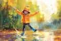 a child jumping in the rain in an orange coat and blue rubber boots