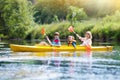 Child on kayak. Kids on canoe. Summer camping Royalty Free Stock Photo