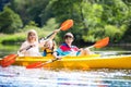 Child on kayak. Kids on canoe. Summer camping Royalty Free Stock Photo