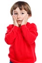 Child kid boy fear sorrow anxious afraid worried emotion portrait format isolated on white Royalty Free Stock Photo