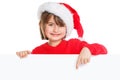 Child kid girl Christmas Santa Claus pointing happy empty banner copyspace