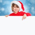 Child kid girl Christmas Santa Claus pointing happy empty banner copyspace young