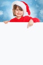 Child kid girl Christmas Santa Claus pointing happy empty banner portrait format copyspace copy space