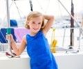 Child kid girl in marina boat on summer vacations Royalty Free Stock Photo