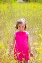 Child kid girl in spring yellow flowers field and pink dress