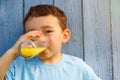 Child kid little boy drinking orange juice drink outdoor copyspace copy space outdoors outside Royalty Free Stock Photo