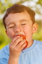 Child kid little boy eating apple fruit outdoor outdoors outside Royalty Free Stock Photo