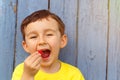 Child kid little boy eating raspberry fruit summer raspberries c Royalty Free Stock Photo