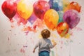 Child kid watercolors colorful balloons. Generate Ai