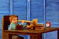 Child in kindergarten. Little child eat French baguette. Child enjoy tasty dinner sitting at table. Tasty food for child