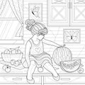 Child in the kitchen with fruit.Coloring book antistress for children and adults.