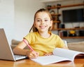 child laptop computer technology home girl education homework kid learning internet childhood student sitting connection Royalty Free Stock Photo