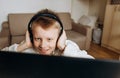 Child laugh home school quarantine online technology Royalty Free Stock Photo