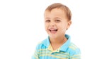 Child, laugh and portrait of boy in studio, white background and funny in mockup space. Kid, face and smile with Royalty Free Stock Photo