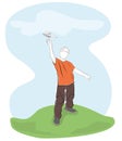 The child launches a paper airplane in nature. vector illustration.