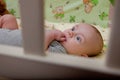 The child lays in a crib and sits a finger. Happy baby recently slept in his crib Royalty Free Stock Photo