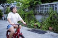 Child learning to ride a bicycle. A little girl learned to ride a balance bike