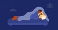 Child leisure bedtime vector illustration with boy lying in bed under blanket holding flashlight reading book