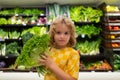 Child with lettuce chard vegetables. Funny cute child on shopping in supermarket. Grocery store. Grocery shopping Royalty Free Stock Photo