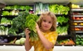 Child with lettuce chard vegetables. Healthy food for kids. Portrait of smiling little child with shopping bag at Royalty Free Stock Photo