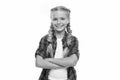 Child little girl colorful braids fashionable hairstyle isolated white. Teenage fashion concept. Fashionable hairstyle