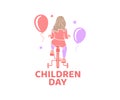 Child, little girl rides a bicycle, balloons and stars, logo design. Children`s day, child playing and kindergarten, vector design