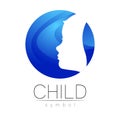Child logotype in blue circle vector. Silhouette profile human head. Concept logo for people, children, autism, kids Royalty Free Stock Photo