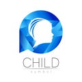 Child logotype in blue circle vector. Silhouette profile human head. Concept logo for people, children, autism, kids Royalty Free Stock Photo