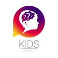 Child logotype with brain and question in violet circle vector. Silhouette profile human head. Concept logo for people Royalty Free Stock Photo