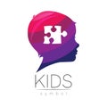 Child logotype with puzzle in few violet colors, vector. Silhouette profile human head. Concept logo for people Royalty Free Stock Photo
