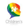 Child logotype with puzzle in rainbow colors, vector. Silhouette profile human head. Concept logo for people, children Royalty Free Stock Photo