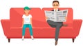 Child looking at businessman with newspaper. Boy sitting near serious man reading news on couch Royalty Free Stock Photo