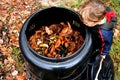 Child looking in compost bin Royalty Free Stock Photo