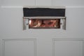 Child looking through a mail slot in a door