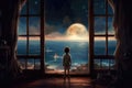 Child Looking Out The Big Window, Rear View The Big Planets In The Window. Generative AI