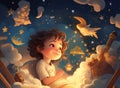 The child looks dreamily into the night sky