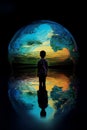 A child looks at himself reflected in the water that has the colours and shape of the earth, global water crisis, AI generated Royalty Free Stock Photo