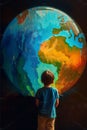 A child looks at himself reflected in the water that has the colours and shape of the earth, global water crisis, AI generated Royalty Free Stock Photo