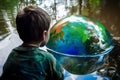 A child looks at himself reflected in the water that has the colours and shape of the earth, global water crisis, AI generated Royalty Free Stock Photo