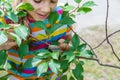 The child looks at the snail. Selective focus. Royalty Free Stock Photo