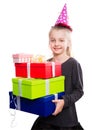 Child with a lot of gift boxes in hands on isolated background Royalty Free Stock Photo