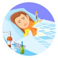 Child lying in bed with fever vector illustration