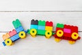 Child made of constructor train. Developing toys
