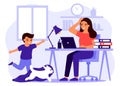 Child make noise and disturb mother work from home. Woman remote working from home with kid. Boy run and play with dog. Vector