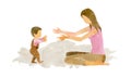 Watercolor illustration. The child makes the first independent steps towards his mother