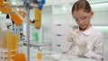 Child Making Chemical Experiment in School Lab, Student Girl in Science Class