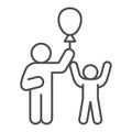 Child and man with balloon thin line icon, 1st June children protection day concept, son and father sign white
