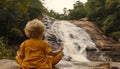 Toddler Meditating by Waterfall Royalty Free Stock Photo